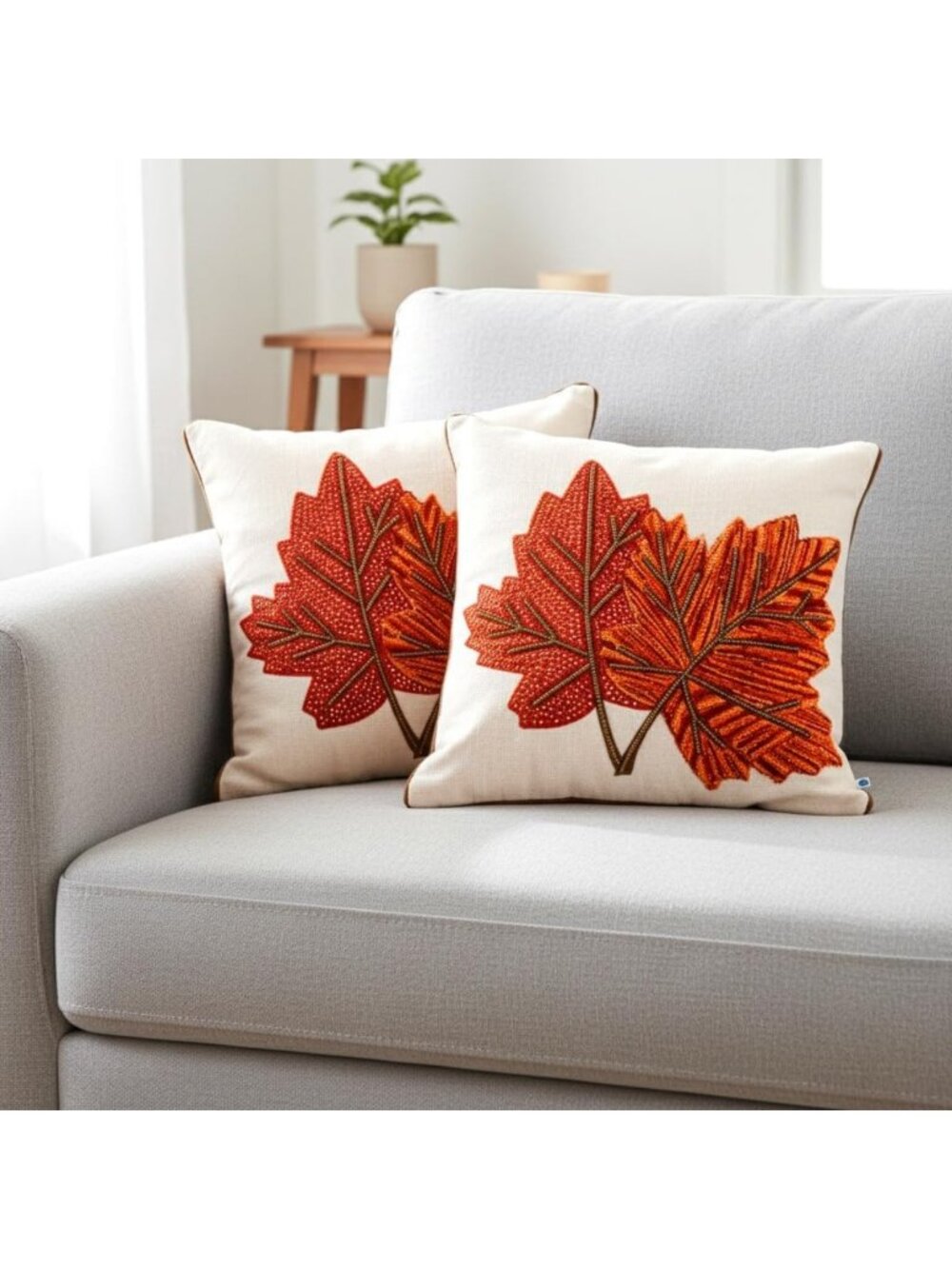 Set of 2 Cotton Embroidered Fall Leaf Throw Pillow Covers 18x18" Decorative